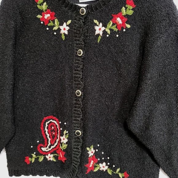Vintage Russ Women's Button Front Sweater Cardigan Floral Pearls Black Size Lg - Picture 8 of 14
